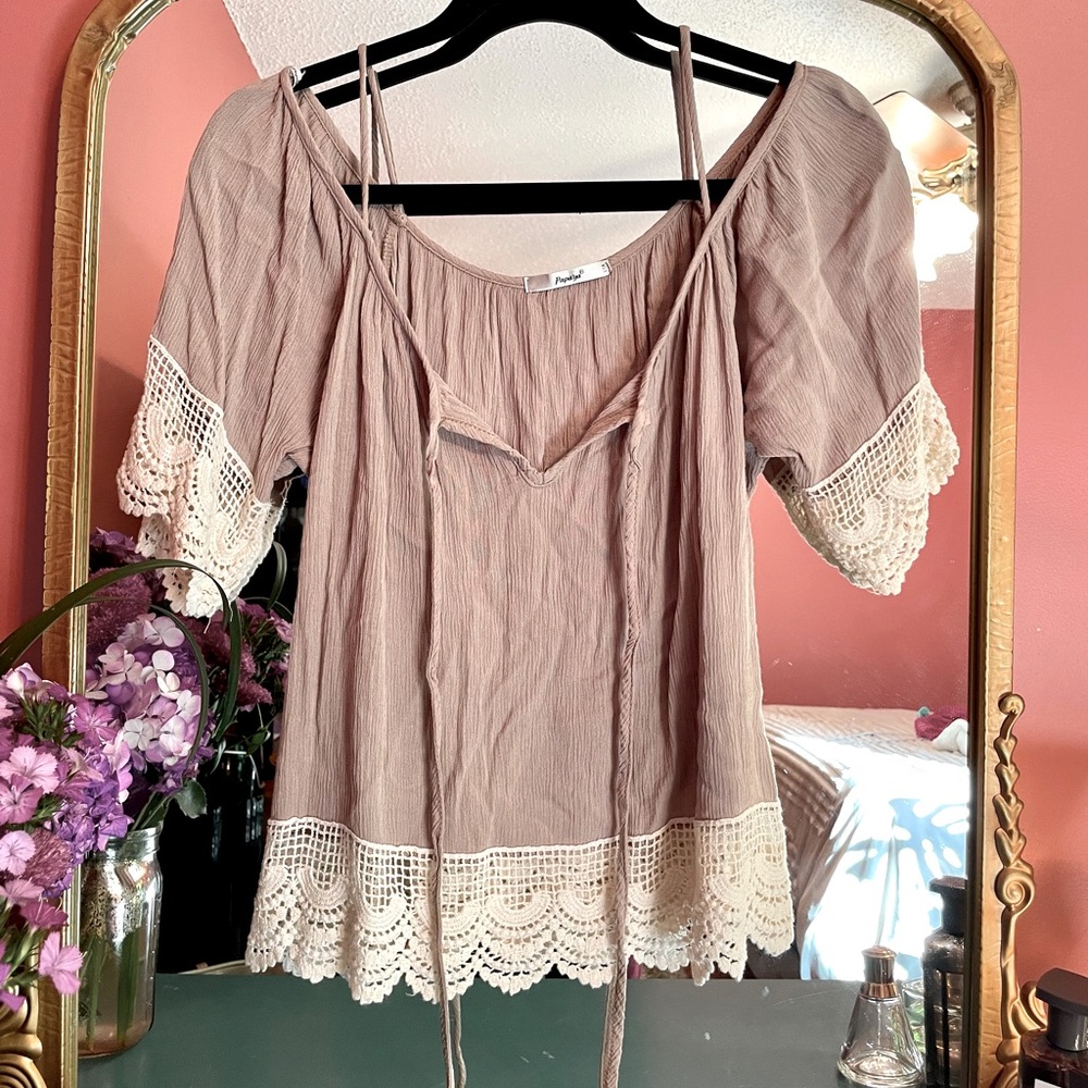 Papaya Lace Off the Shoulder Short Sleeve Top